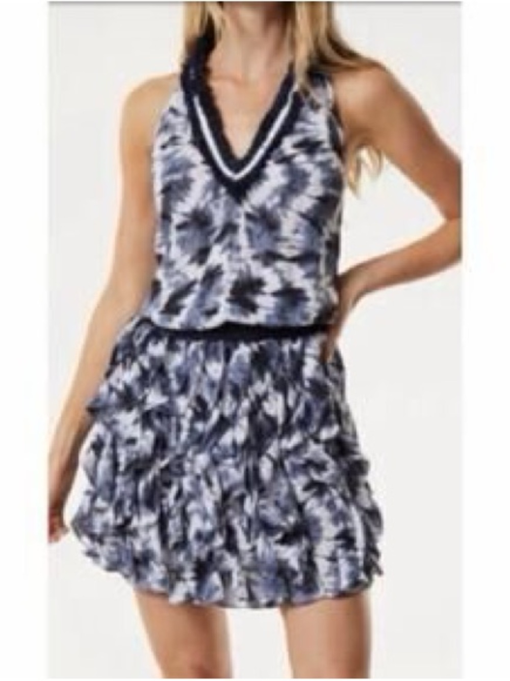 Letarte Navy and White Tie-Dye Halter Ruffle Mini Dress